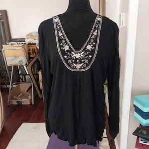 INC. Black Blouse with Floral Neckline | Size 1X